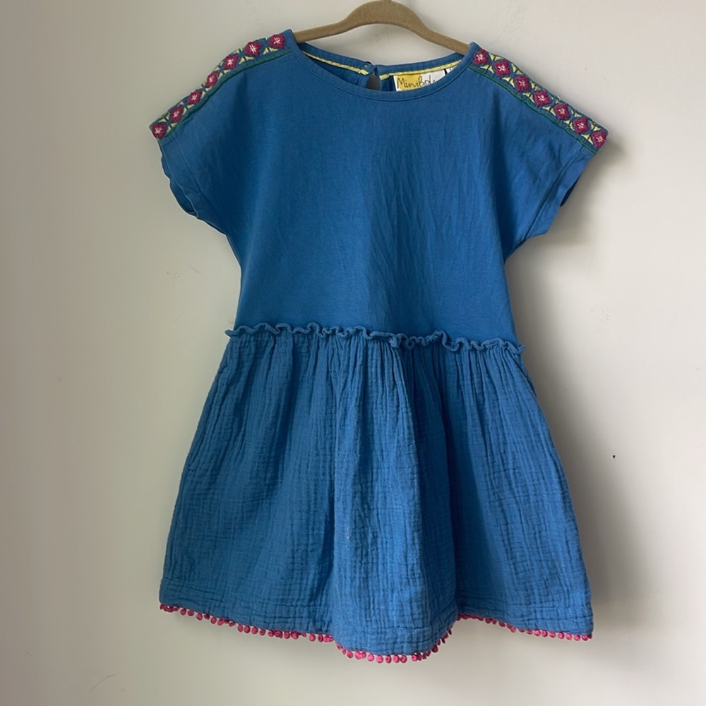 Mini Boden Woven Mixed Texture Dress in Elizabethan Blue 100% Cotton Size 4-5Y